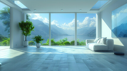 A large open living room with a view of a lake and mountains. The room is very clean and has a modern design