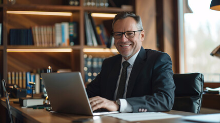Smiling mature businessman at desk, using laptop. Busy CEO working on corporate tech in office.
