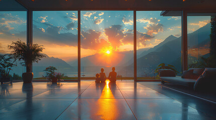  family, siblings sitting in a living room floor with a view of the mountains and a sunset