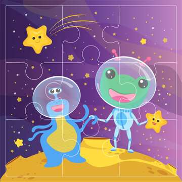 Funny frog astronaut and alien, stars and planets. Educational game for children. Puzzles. Cartoon vector illustration