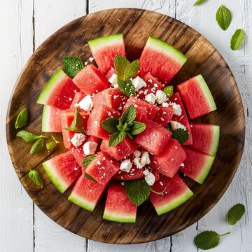 Watermelon Salad with feta cheese in a wooden plate. Isolated, white background