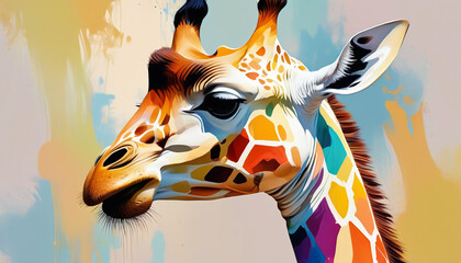 Giraffe on a colorful splattering background. Artistic rendition. Generative AI.

