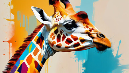 Giraffe on a colorful splattering background. Artistic rendition. Generative AI.


