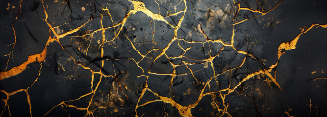 Black marble surface with gold kintsugi pattern,  Kintsukuroi japanese traditional Kintsugi background 