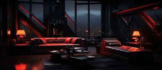 Cyberpunk Sanctuary: A Dark Room with Red Leather Sofas Overlooking the City at Night in a Modern Living Space