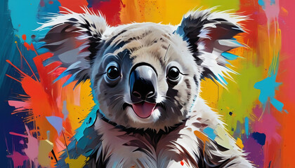 Koala bear on a colorful splattering background. Artistic rendition. Generative AI.

 - obrazy, fototapety, plakaty