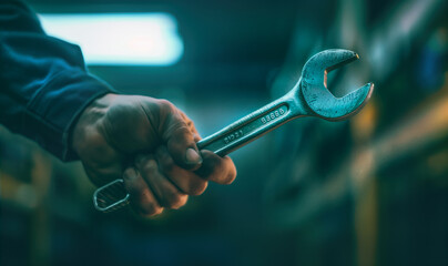 A man's hand holding a large wrench in front of a mechanic's garage - 760786011