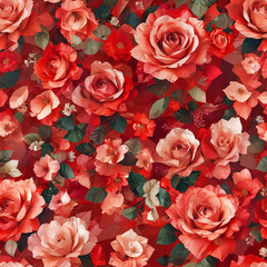 Delicate Rose Petals on Vibrant Red Background with Geometric Shapes Gen AI - 760786025