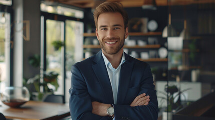 Smiling Confident Businessman in Modern Office Setting. Elegant stylish corporate leader successful ceo executive manager. - obrazy, fototapety, plakaty
