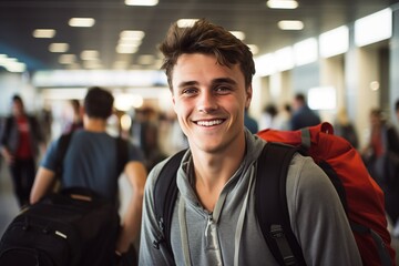 Fototapeta premium close up of a young man traveler smiling at the airport 