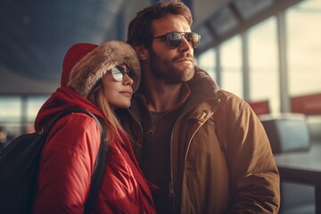 close up of a couple traveler wear sunglass at the airport 