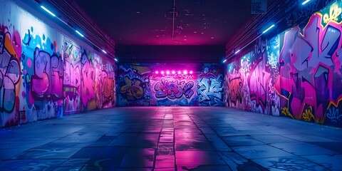 Vibrant urban graffiti art night scene with skyline and street ambiance. Concept Urban Graffiti Art, Night Scene, City Skyline, Street Ambiance, Vibrant Colors