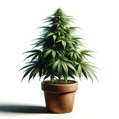 Cannabis plant in a simple pot against a plain background