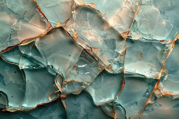 Transparent long ago broken glass over a light blue textured surface abstract background - obrazy, fototapety, plakaty