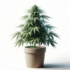 Cannabis plant in a simple pot against a plain background