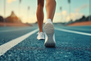 Closeup of female athletic legs in white sneakers running along the blue track of the stadium in the morning