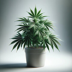 Cannabis plant in a simple pot against a plain background