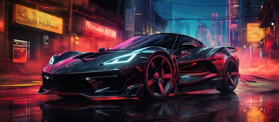 Futuristic Sports Car Glowing with Neon Lights in a Vibrant Urban Cityscape at Night