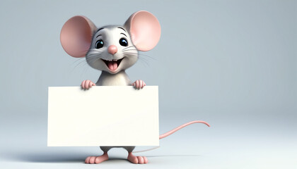 Cheerful mouse holding a white banner for later text insertion. On a gray background. Generative AI.
