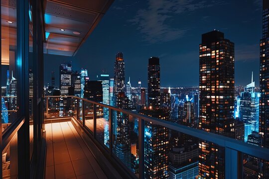 An illuminated city skyline from a high-rise balcony at night Ideal for luxury real estate listings Metropolitan lifestyle magazines Or urban event venues.