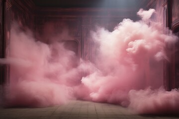 Abandoned luxurious dark red room full of pink smoke, with luxuriously decorated shabby walls