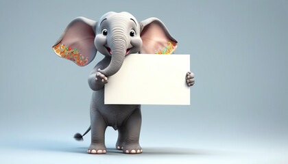 Cheerful elephant holding a white banner for later text insertion. On a gray background. Generative AI.