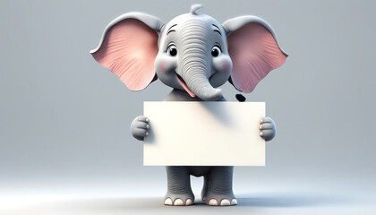 Cheerful elephant holding a white banner for later text insertion. On a gray background. Generative AI.