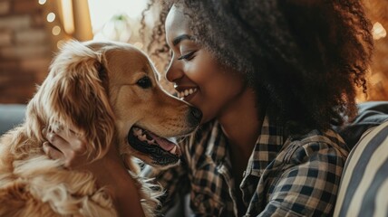 Fototapeta na wymiar happy people at home with favorite pet , love and friendship of human and animal pragma