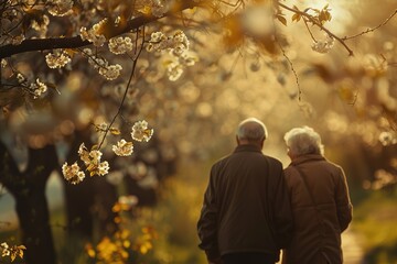 White flowers in sunlight on branches in an alley with an elderly couple in the evening park on a blurred background