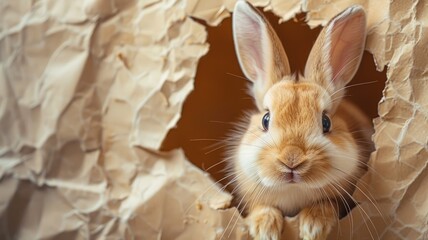 Adorable bunny peeping through paper hole - Cute brown rabbit peeks curiously through a ripped beige paper hole, bright eyes and fluffy ears on display