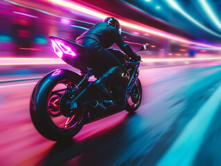 Motorcycle speeding in a neon tunnel