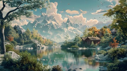 Lake nestled in the serene mountain forest - obrazy, fototapety, plakaty
