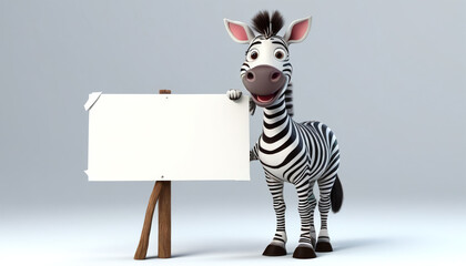 Zebra holding a white banner for later text insertion. Generative AI.

