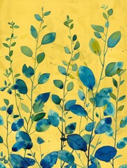 Painting depicting blue leaves against a vibrant yellow background