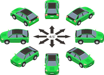 Rotation of pixel car by 45 degrees. The green car in pixel art style in different angles in isometric view.