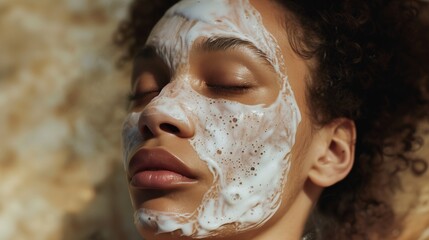 Fototapeta premium The face with a white facial mask covering half the skin. The model has natural makeup with closed eyes. Generated by artificial intelligence.
