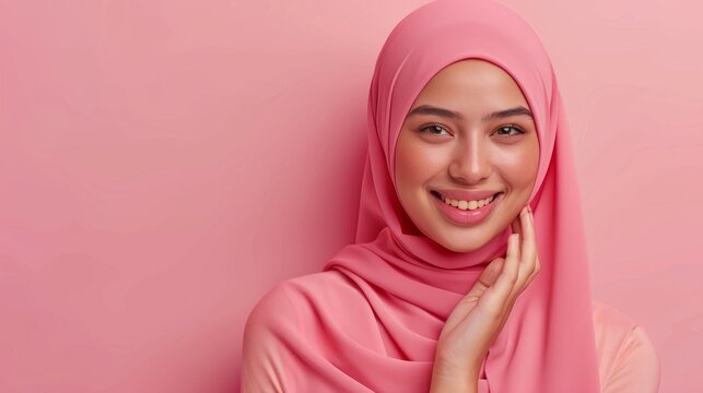 Radiant asian muslim woman smiling, sending eid mubarak greeting on pastel background