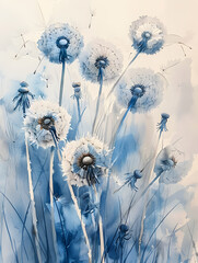 A watercolor painting of dandelions in a field with electric blue skies on a white background, showcasing the beauty of nature through art