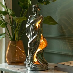 A classic sculpture of a Greek goddess, reimagined with a modern, chrome finish and glowing internal