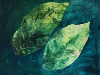 A painting featuring two green leaves set against a vibrant blue background