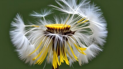A dandelion head and seeds blowing away in the wind. Fluffy flower weed in blurred nature...