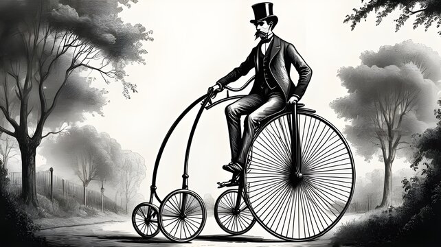 Black and white vector illustration of an old fashioned gentleman ride high wheel vintage penny farthing bicycle. Scratch board imitation. 1870s and 1880s Fashion 