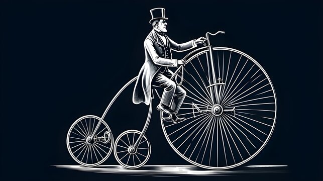 Black and white vector illustration of an old fashioned gentleman ride high wheel vintage penny farthing bicycle. Scratch board imitation. 1870s and 1880s Fashion 
