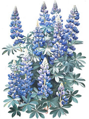 A painting featuring vibrant blue flowers contrasted against lush green leaves on a canvas