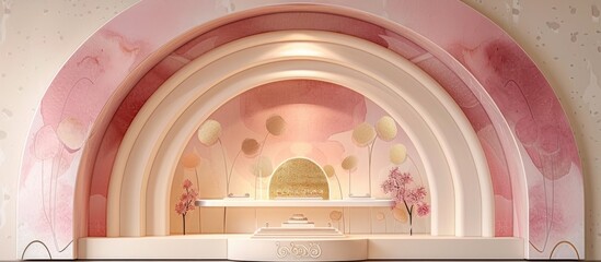 Fototapeta na wymiar Minimalist Pink and Gold Stage Design with Arched Window and Cute Inspired by Klimt's Gold Phase, Exuding High-end Elegance and Dreamy Atmosphere