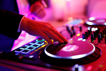Hand eines Discjockeys an einem Mischpult