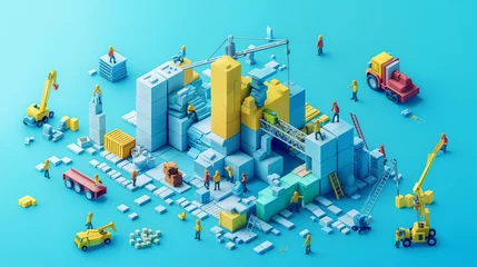 Poster Blue isometric city building on blue background - illustration © 4memorize