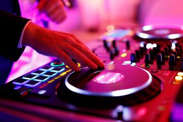 Hand eines Discjockeys an einem Mischpult