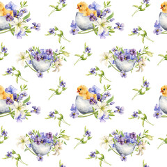 Chick in egg shell with flowers Easter seamless pattern isolated on white. Watercolor baby bird and blue spring plants hand drawn. For design Easter decoration, background, textile, package, paper