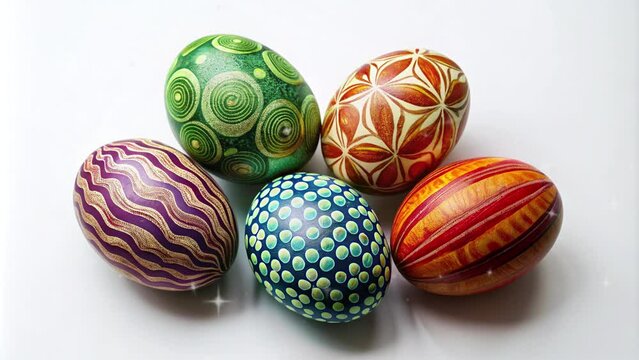 5 eggs with different motifs on a white background to commemorate Happy Easter Monday